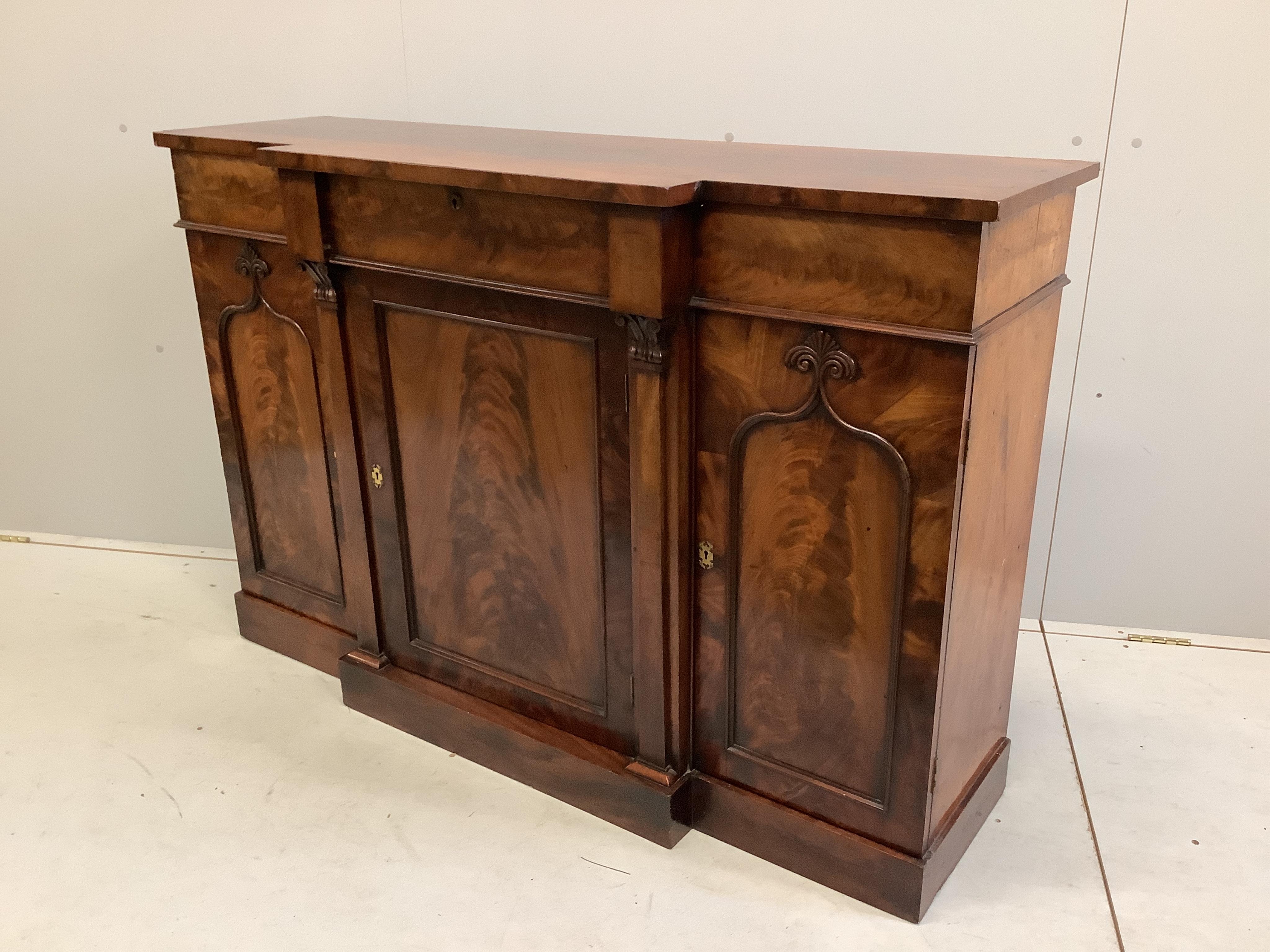 A William IV mahogany breakfront sideboard, width 137cm, depth 42cm, height 92cm. Condition - good.